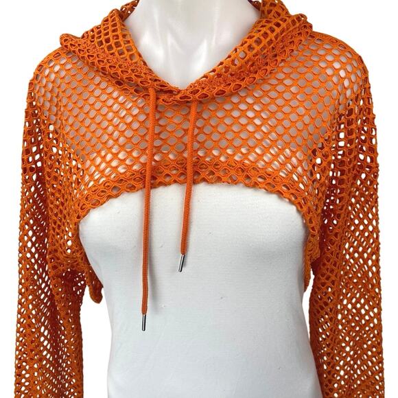 NEW Avidlove Women's Orange Mesh Fishnet Long Sleeve Hooded Hoodie Crop Top XL - Picture 3 of 5